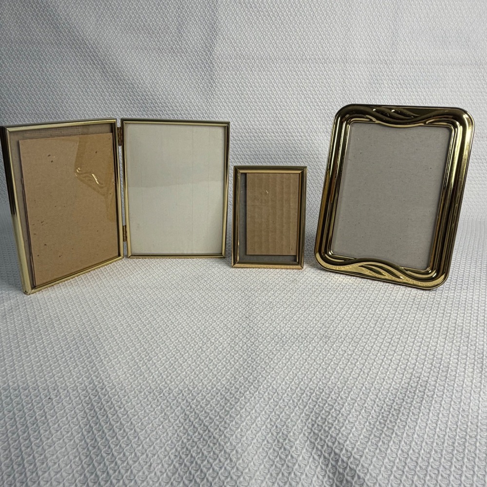 Vintage Gold Tone Metal Picture Frame Set Scalloped Edge and Hinged Double Flaws